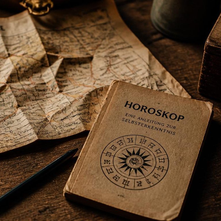Bild mit altem Buch Horoskop eine Anleitung zur Selbsterkenntnis Bild mit altem Buch Horoskop eine Anleitung zur Selbsterkenntnis, KI-generiert und bearbeitet