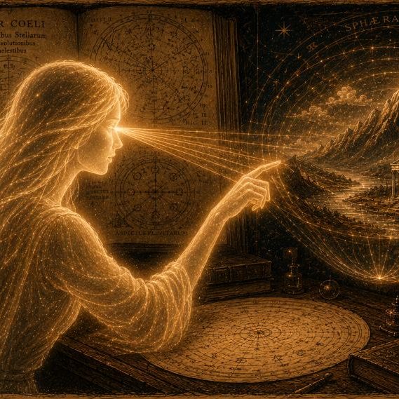 Die Welt als holographische Projektion des Geistes Der Geist baut die Welt als holographische Projektion, das Himmelsbuch im Hintergrund.